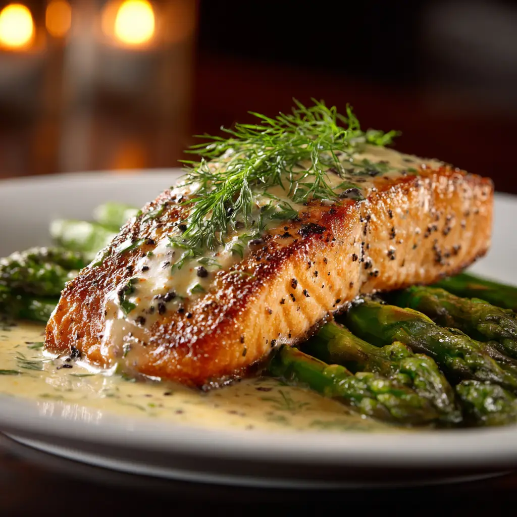 A skillet with Marry Me Salmon simmering, showing the creamy texture of the garlic and parmesan sauce.