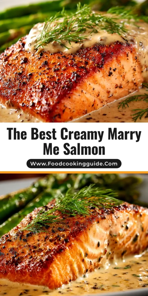 A stunning overhead shot of Marry Me Salmon in a skillet, with a creamy sun-dried tomato sauce and fresh basil garnish.