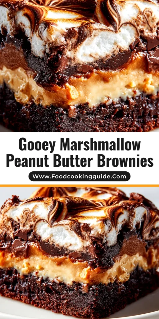 A stack of gooey marshmallow peanut butter brownies on a plate, showing the rich chocolate base, creamy peanut butter swirl, and toasted marshmallow topping.