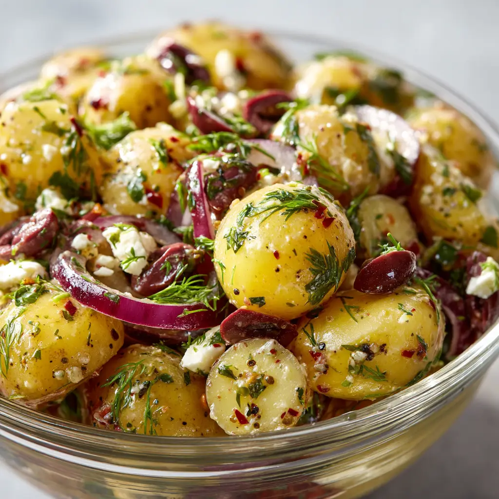 Greek Potato Salad (The Authentic Recipe) 1 A large serving spoon tossing the Greek Potato Salad in a bowl, demonstrating how all the fresh ingredients are mixed together.