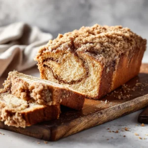 A close-up side view of a sliced moist cinnamon bread loaf, showing the beautiful cinnamon swirl inside.