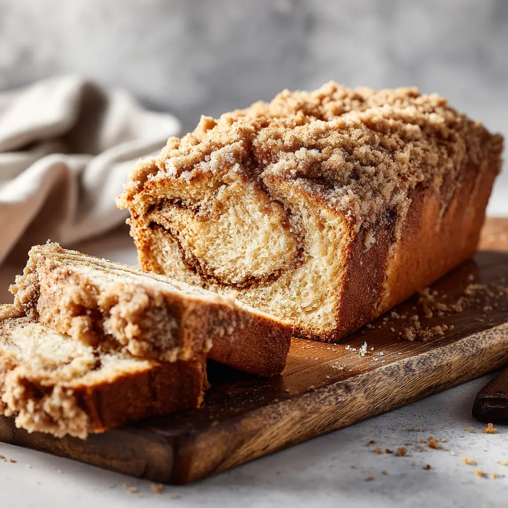 A close-up side view of a sliced moist cinnamon bread loaf, showing the beautiful cinnamon swirl inside.