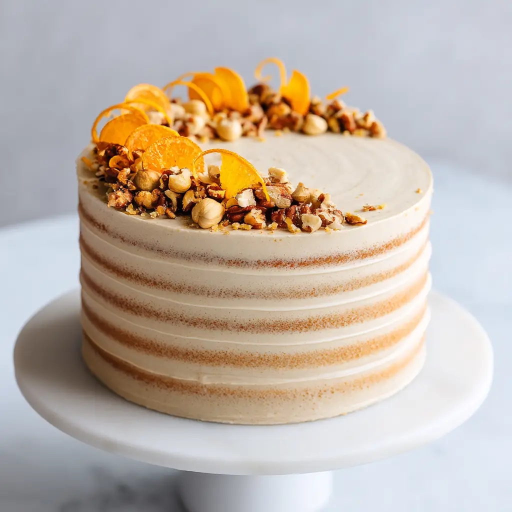 Orange Hazelnut Cake: A Moist & Elegant Recipe 1 A close-up shot of a slice of moist orange cake with hazelnuts. The texture of the cake crumb and the glossy sheen of the orange glaze are the main focus.