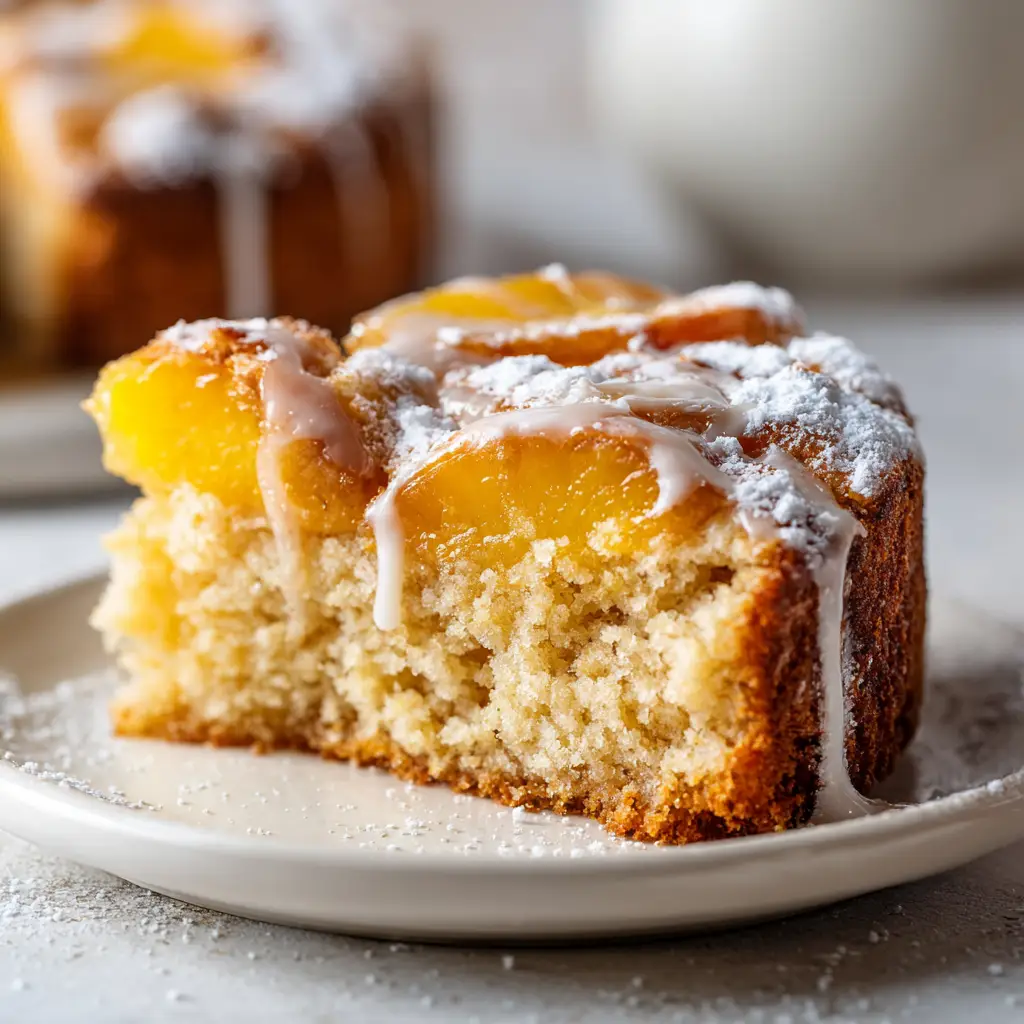 An extreme close-up of a slice of moist peach cake, showing the tender crumb and juicy pieces of fresh peach embedded within.
