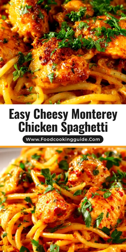 A delicious bowl of creamy Monterey Chicken Spaghetti, topped with melted cheese and crispy bacon, ready to be served. A fork is lifting some of the cheesy pasta.