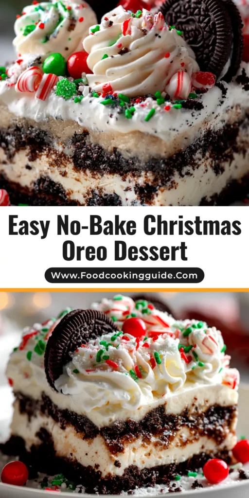 A top-down view of a festive No-Bake Christmas Oreo Lasagna in a glass baking dish, topped with red and green sprinkles. A slice has been taken out to show the distinct layers.