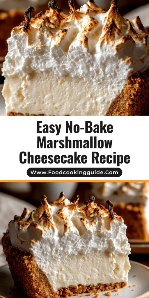 A tall, perfect slice of no-bake marshmallow cheesecake on a white plate, showcasing its light and fluffy texture. The buttery graham cracker crust is clearly visible.