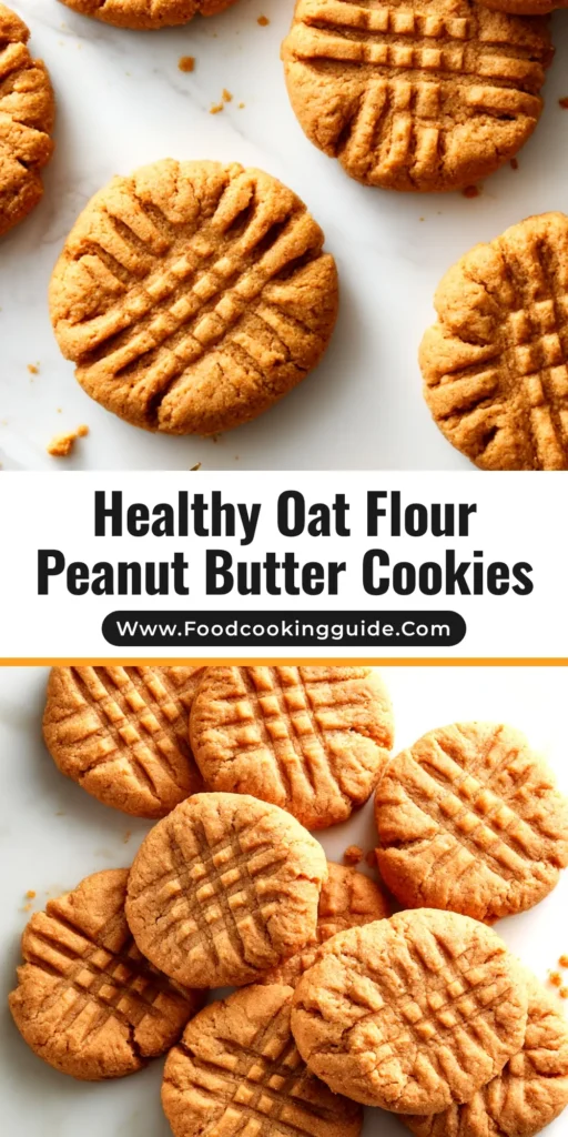 A stack of chewy oat flour peanut butter cookies on a cooling rack. The cookies have the classic criss-cross pattern and a beautiful golden-brown color.