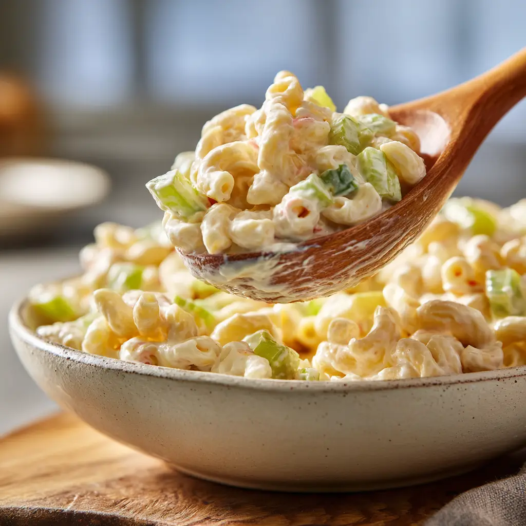 A close-up shot of a wooden spoon lifting a scoop of old-fashioned macaroni salad, showing the creamy dressing and diced vegetables.
