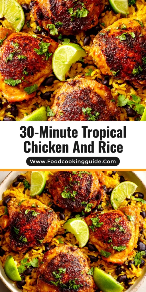 A top-down view of a skillet of Caribbean Chicken and Rice, with golden-brown chicken thighs nestled in coconut rice and beans, garnished with fresh cilantro.