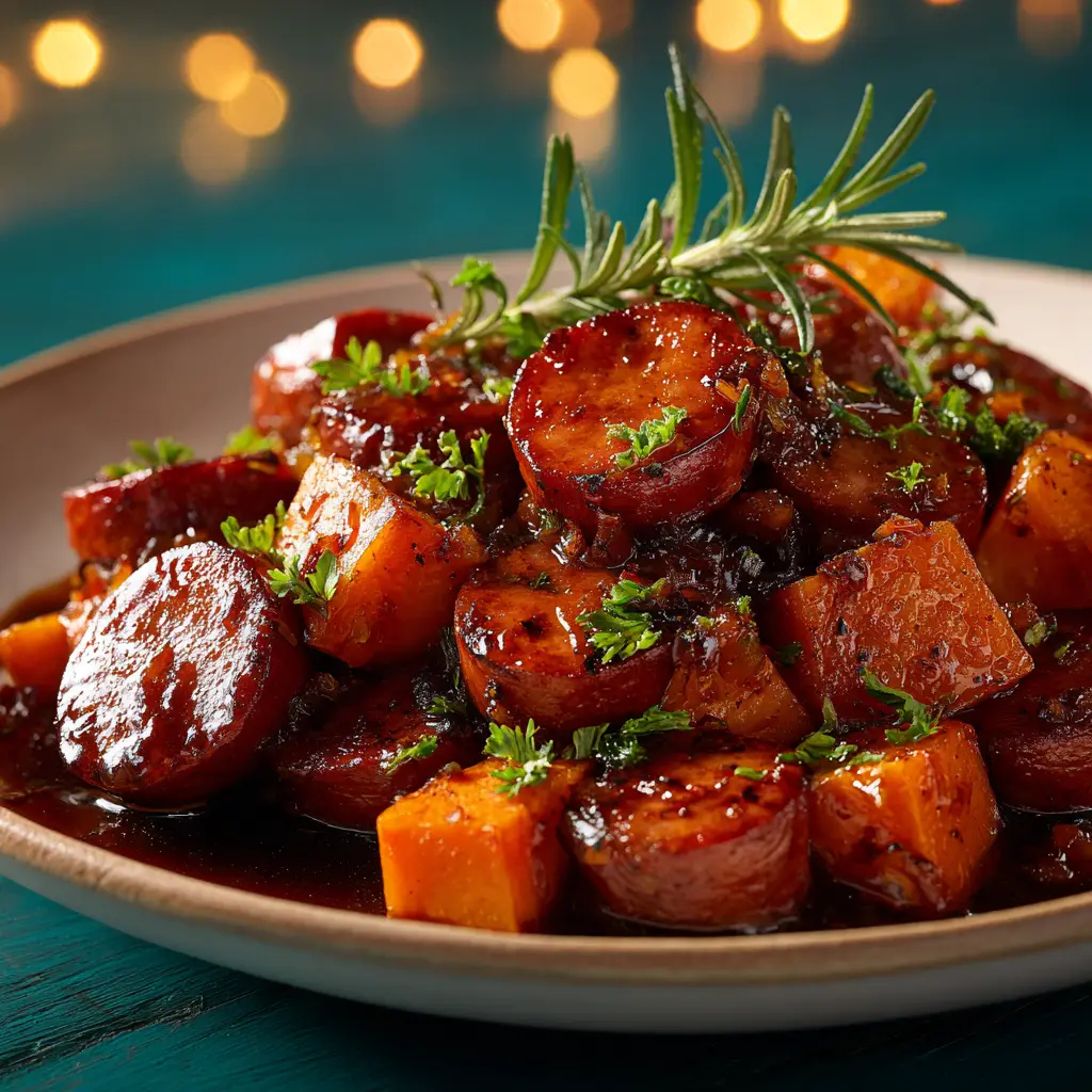 The honey garlic sausage and sweet potato meal being prepped on a sheet pan before going into the oven, showcasing the fresh ingredients.
