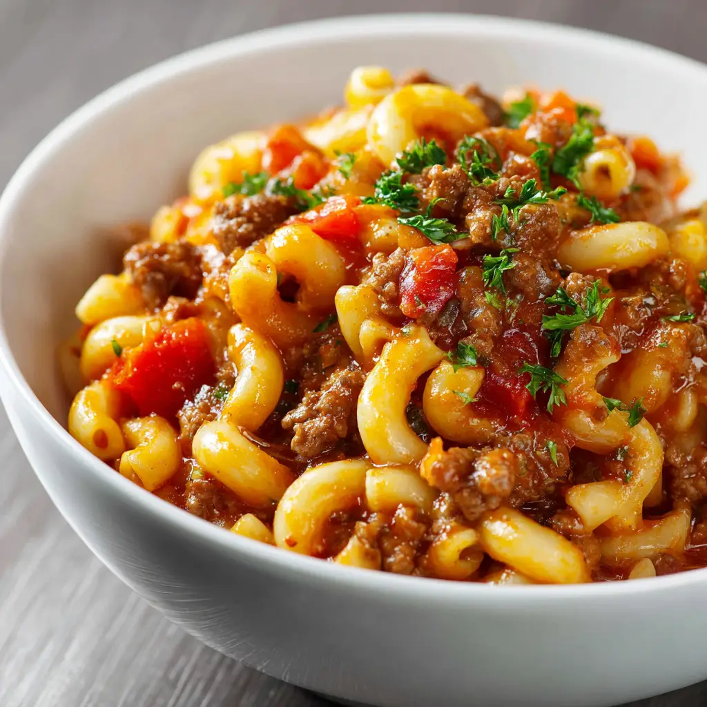 A spoonful of classic one-pot American goulash being lifted from a bowl, showing the steam and delicious combination of ingredients.