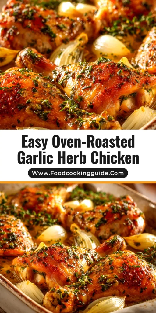 A perfectly cooked Oven-Roasted Garlic Chicken on a platter, featuring golden-brown crispy skin and garnished with fresh herbs.