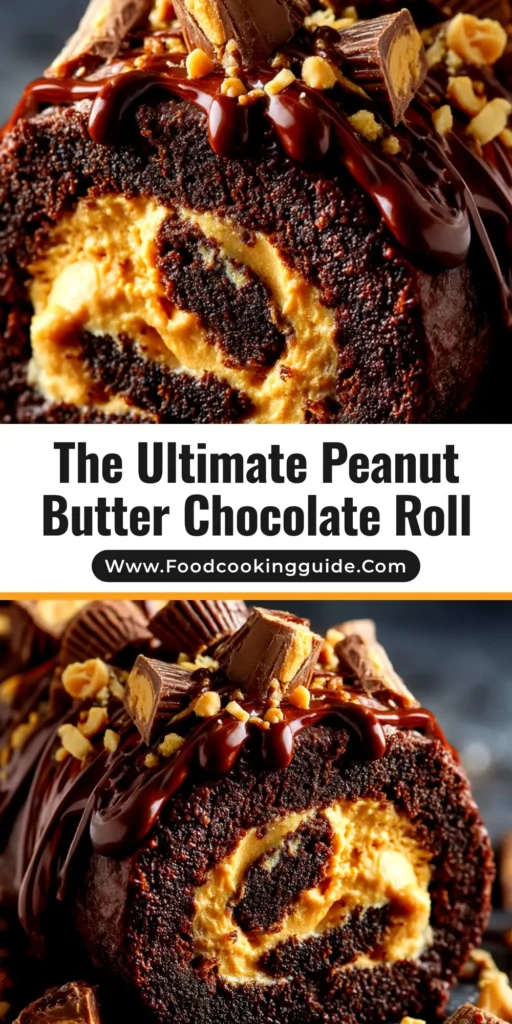A perfect slice of Peanut Butter Cup Chocolate Roll on a white plate, showing the beautiful swirl of chocolate cake and peanut butter filling, covered in a glossy ganache.