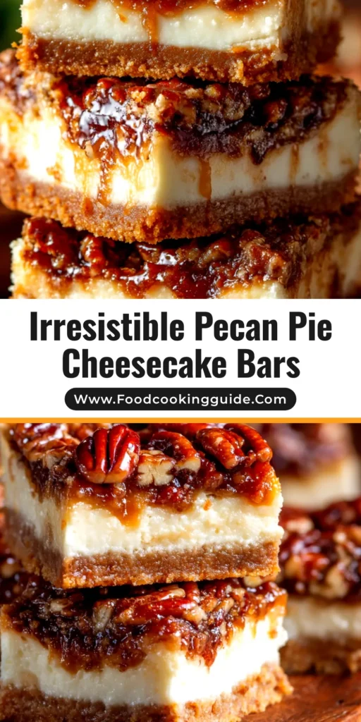 Pecan Pie Cheesecake Bars: The Ultimate Holiday Dessert 3 A close-up shot of perfectly sliced Pecan Pie Cheesecake Bars, showing the distinct layers of shortbread crust, creamy cheesecake, and a gooey pecan topping.