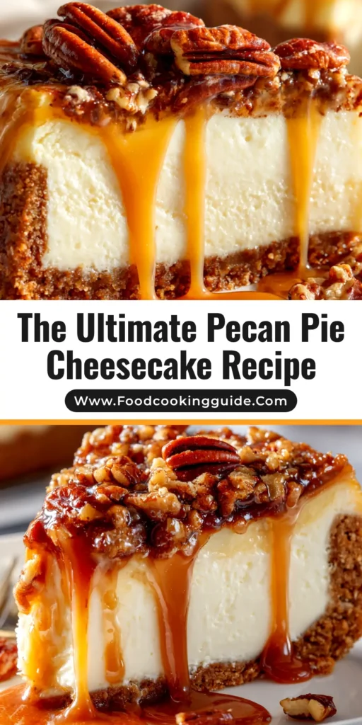 A stunning slice of pecan pie cheesecake on a white plate. The cheesecake has a thick graham cracker crust, a creamy white filling, and a top layer of gooey, caramel-coated pecans.