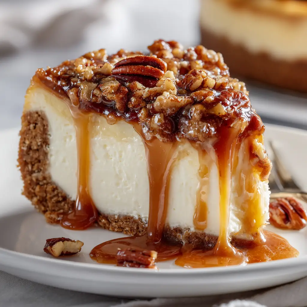 A close-up shot of a perfect slice of pecan pie cheesecake, highlighting the distinct layers of crust, creamy filling, and crunchy pecan topping.