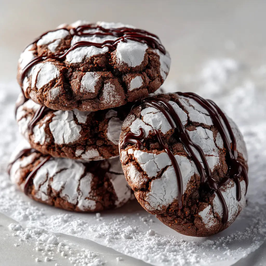 A close-up shot of a single chocolate crinkle cookie on a plate, emphasizing the deep cracks in the powdered sugar surface.