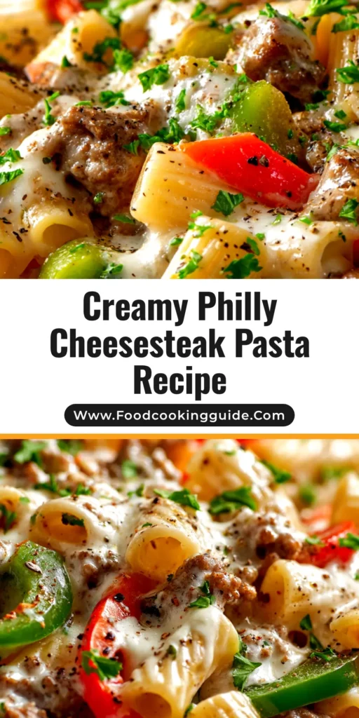 A large white bowl filled with creamy Philly Cheesesteak Pasta, garnished with fresh parsley. The one-pot meal features tender steak, peppers, and cheese sauce.