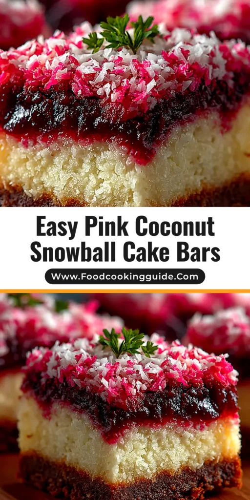 A close-up overhead shot of neatly sliced Pink Coconut Snowball Cake Bars arranged on a platter, showcasing the bright pink coconut topping and fluffy white marshmallow frosting.