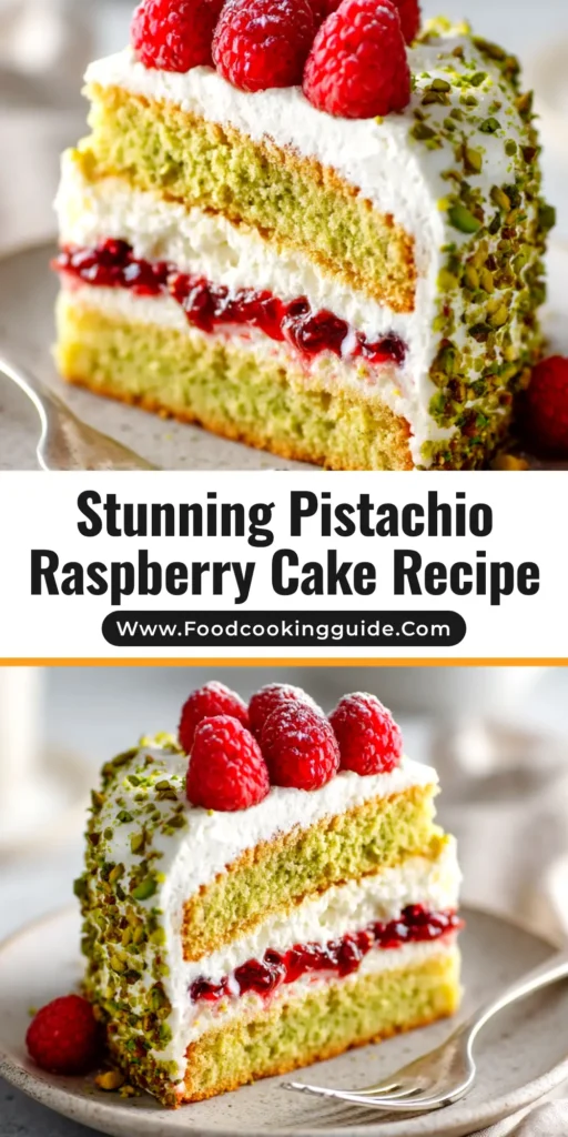 Pistachio and Raspberry Layer Cake: A Showstopping Dessert 4 A stunning slice of Pistachio and Raspberry Layer Cake on a white plate, showcasing the vibrant green pistachio sponge, bright red raspberry filling, and creamy white frosting.