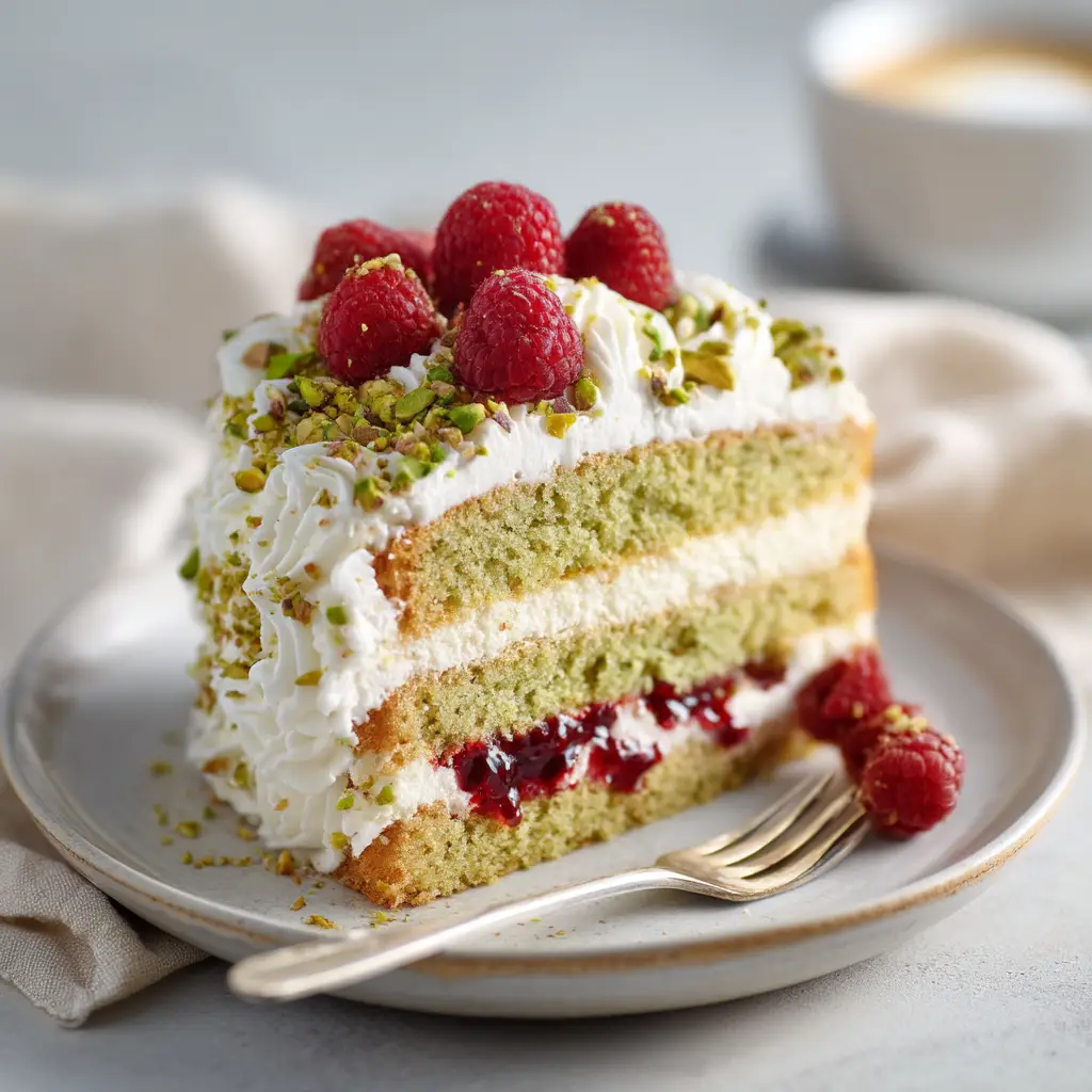 The full Pistachio and Raspberry Layer Cake on a cake stand, decorated with fresh raspberries and chopped pistachios. The frosting is smooth and elegant.