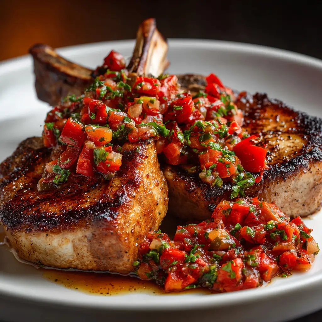 A delicious looking Italian pork chop served on a plate, showcasing the vibrant colors of the bell peppers and the juicy texture of the meat.