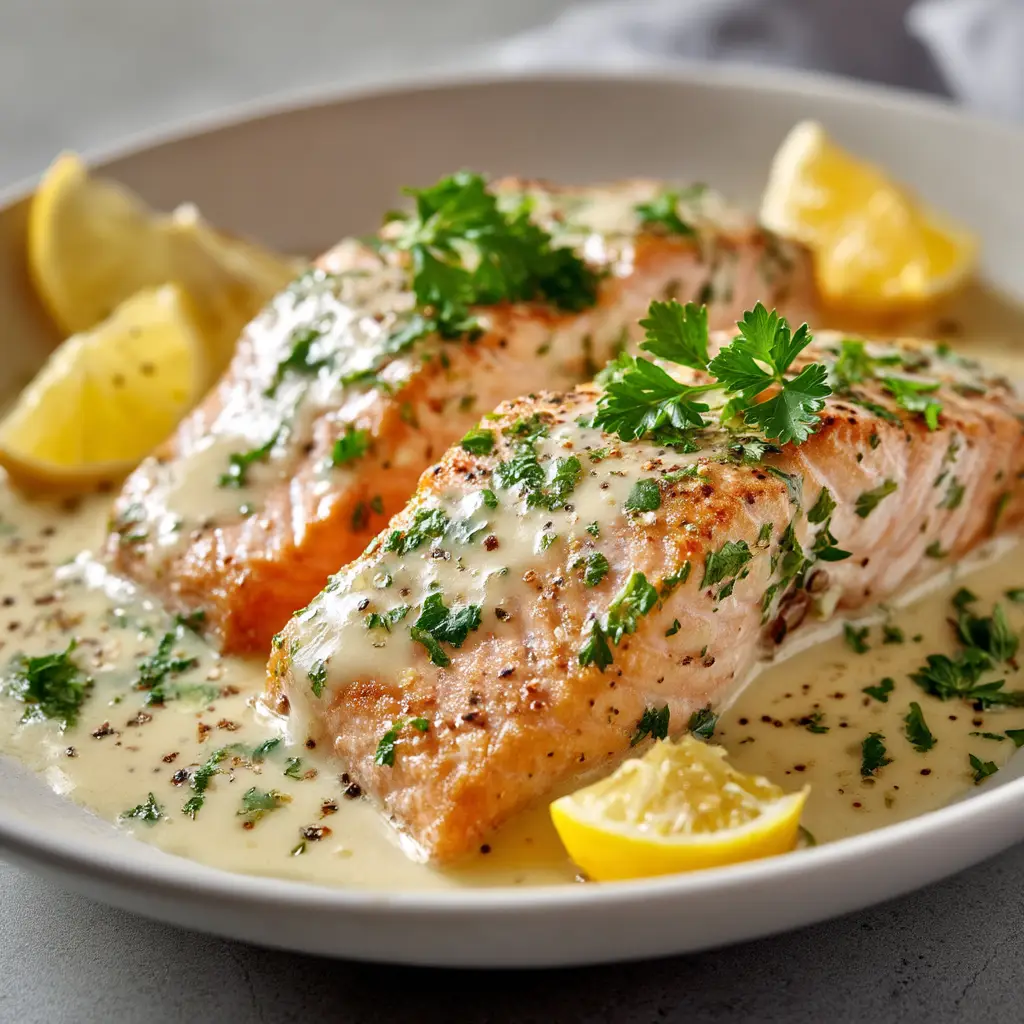 Home 8 Two beautifully poached salmon fillets resting on a white plate, garnished with fresh dill, showcasing their moist and tender texture.