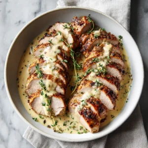 A close-up shot of pan-seared pork tenderloin medallions being coated in a creamy mustard pork sauce in a skillet.