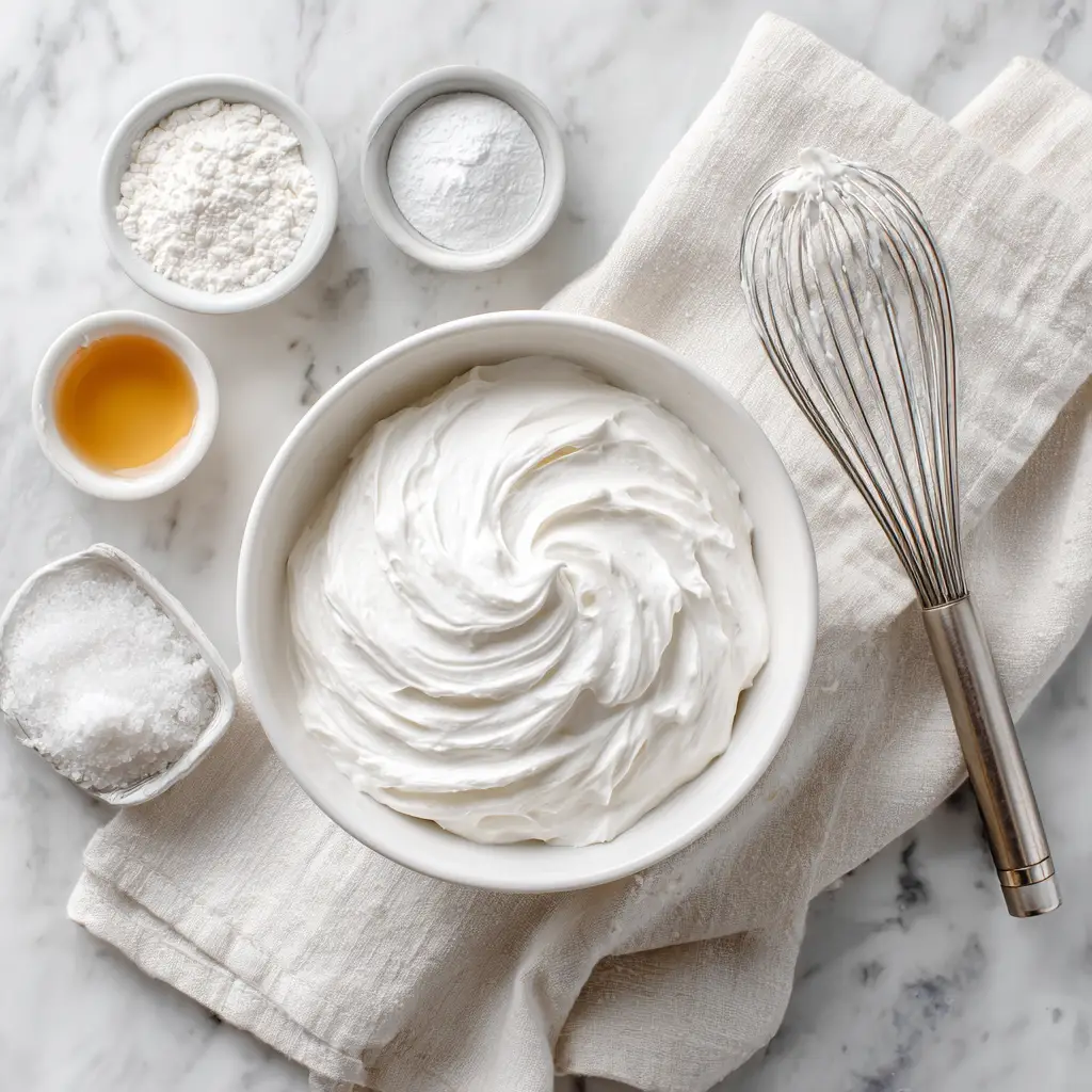 An overhead flat lay of the ingredients for confectioners sugar frosting: softened butter, powdered sugar, milk, and vanilla.