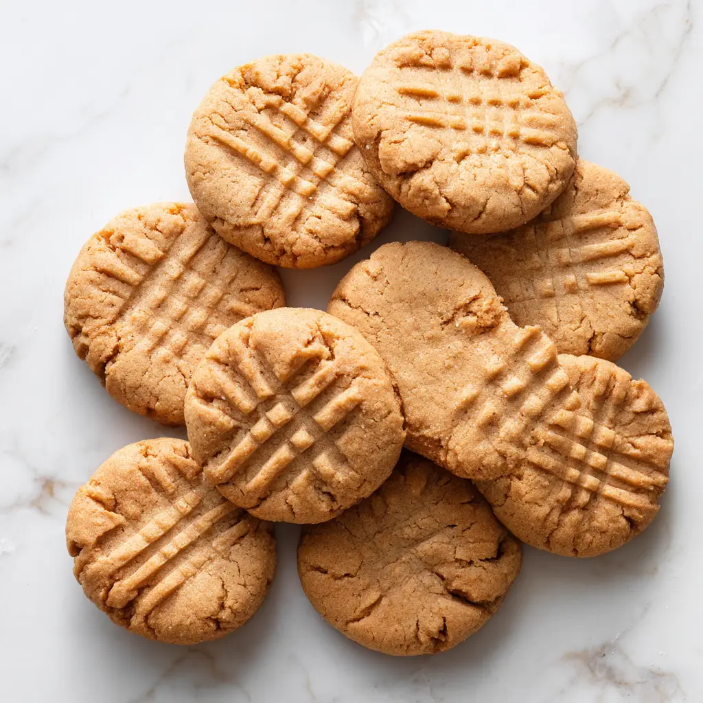 The cookie dough for oat flour peanut butter cookies being pressed with a fork to create the classic criss-cross pattern before baking.