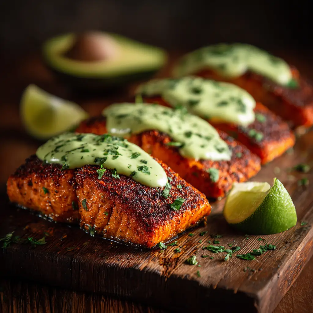 A pan of four baked cajun salmon fillets just out of the oven, garnished with fresh parsley. This image shows the full quick salmon dinner before serving.