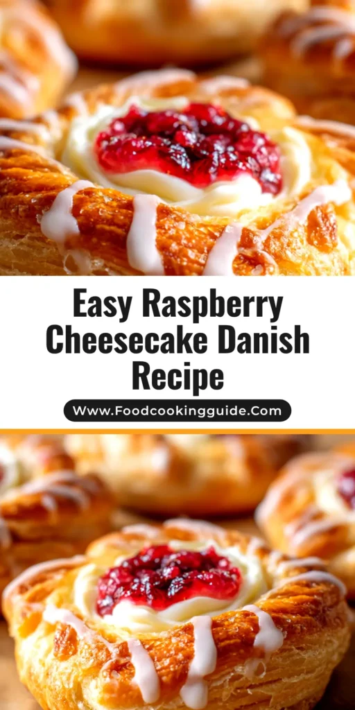 Raspberry Cheesecake Danish: The Ultimate Easy Recipe 4 An overhead shot of a golden-brown, flaky Raspberry Cheesecake Danish on a white plate, drizzled with a sweet white glaze. Perfect for a delicious breakfast or dessert pin.