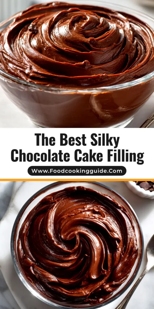 A large bowl of rich and creamy chocolate cake filling recipe, with a spatula lifting some out to show its thick, pipeable texture. The background shows a layered chocolate cake.