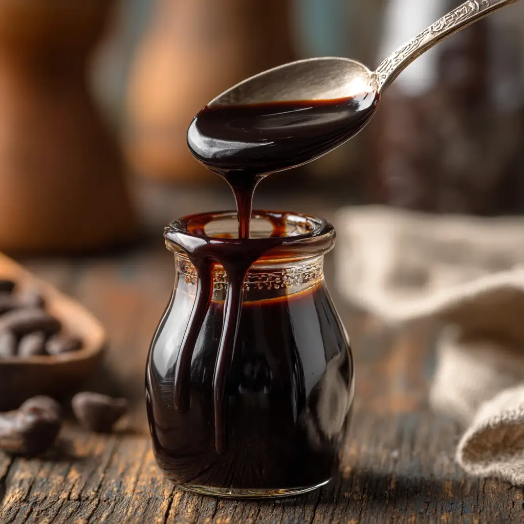 A close-up shot of thick, glossy homemade chocolate syrup in a clear glass jar, with a spoon resting inside.
