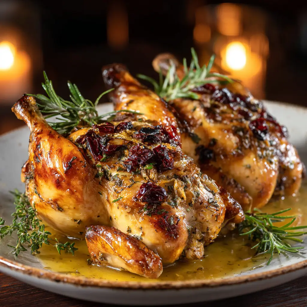 Stuffed Cornish Game Hens: The Ultimate Recipe for a Perfect Dinner 2 Two roasted Cornish hens on a platter, garnished with fresh herbs, showcasing the beautiful golden-brown skin.