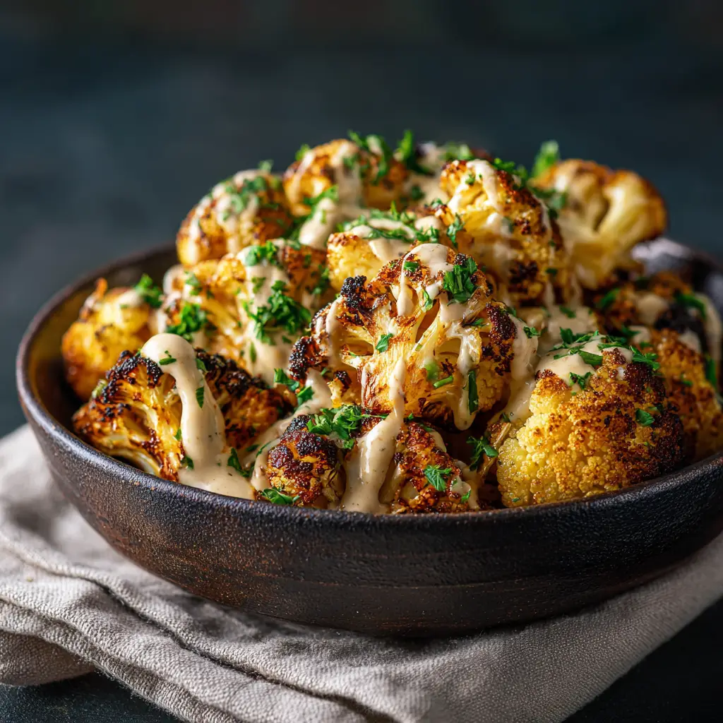 A close-up of the roasted Moroccan cauliflower on a baking sheet fresh out of the oven, showing the caramelized and crispy edges.