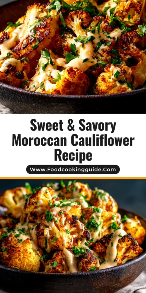 A stunning overhead shot of roasted Moroccan cauliflower on a serving platter, garnished with fresh cilantro and lemon wedges. The cauliflower is golden-brown and perfectly spiced.