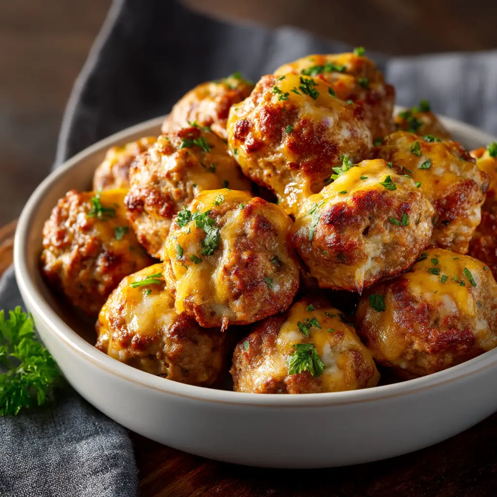 A plate of golden-brown, cheesy sausage balls made with Rotel and cream cheese, showcasing their perfect texture.