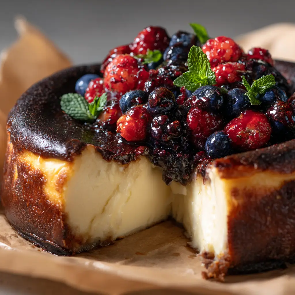 A top-down view of the entire citrus berry burnt cheesecake, emphasizing its beautifully browned, rustic top and the vibrant berry swirl peeking through.