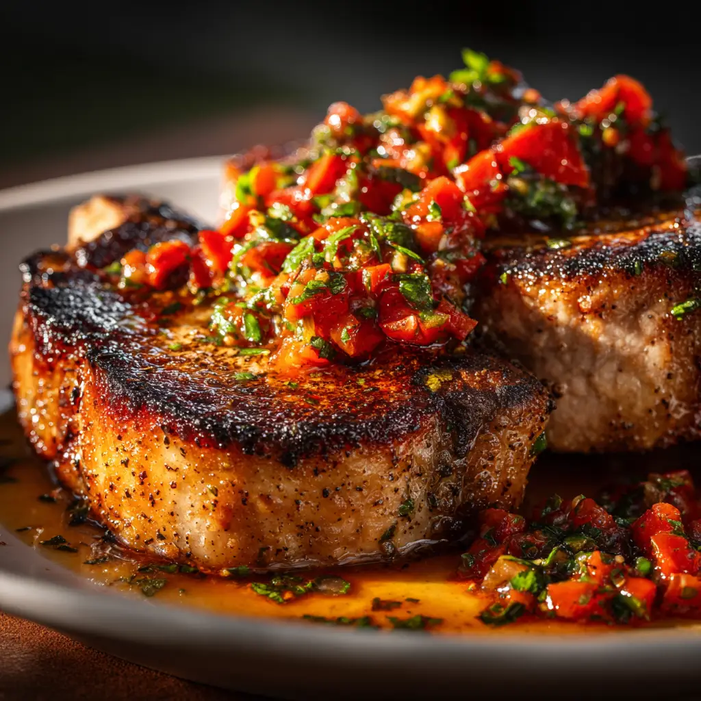 A close-up shot of rustic Sicilian pork chops in a cast iron skillet. The tender pork is covered in a vibrant pepper and onion sauce.