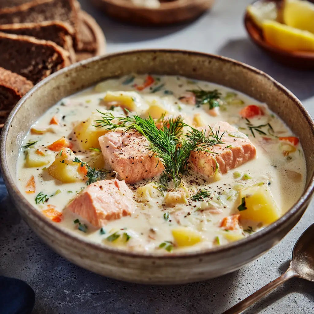 Salmon Chowder: A Creamy, Hearty, and Easy Recipe 1 An overhead view of the finished salmon chowder in a bowl, with a spoon resting inside. The chowder is garnished with fresh herbs and crispy bacon bits.