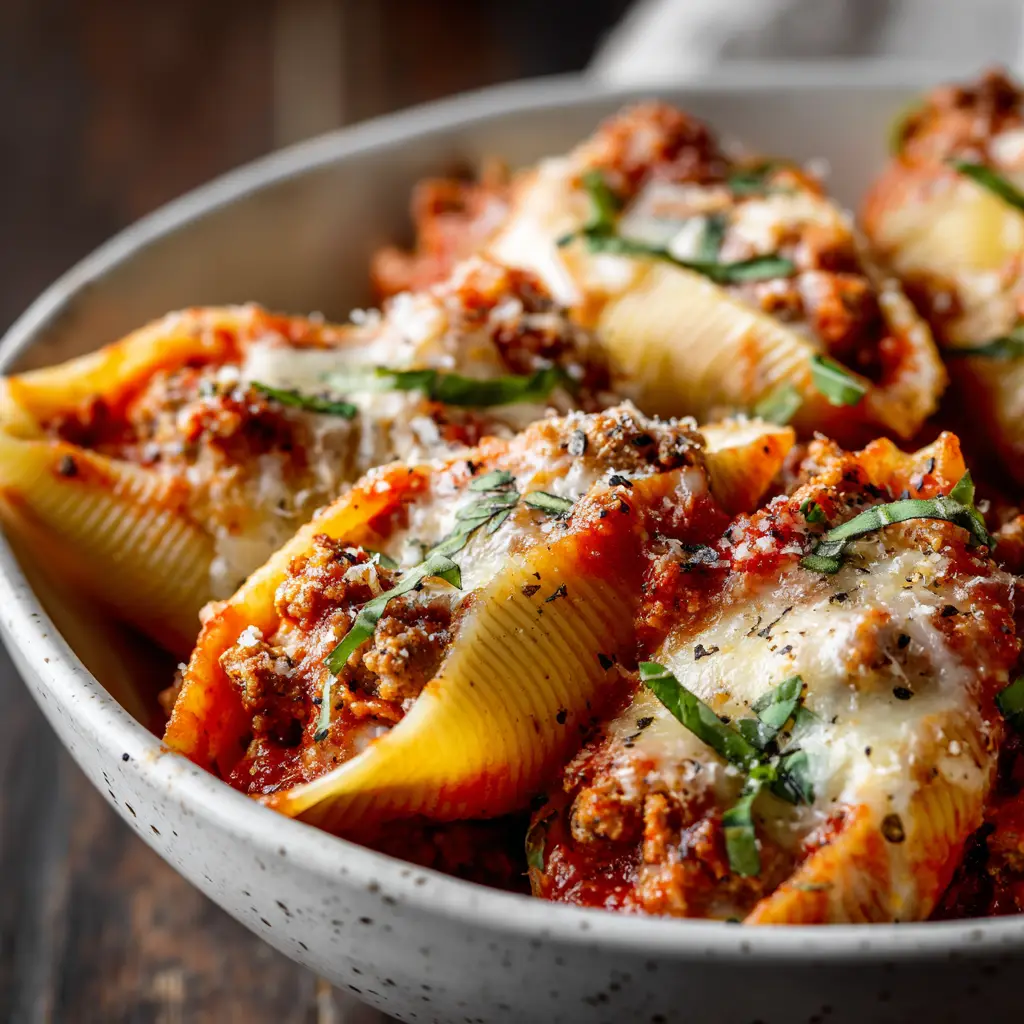Sausage Stuffed Shells: The Ultimate Comfort Food Recipe 2 A rustic baking dish filled with sausage and cheese stuffed shells, with a serving spoon lifting one shell out to show the creamy filling.