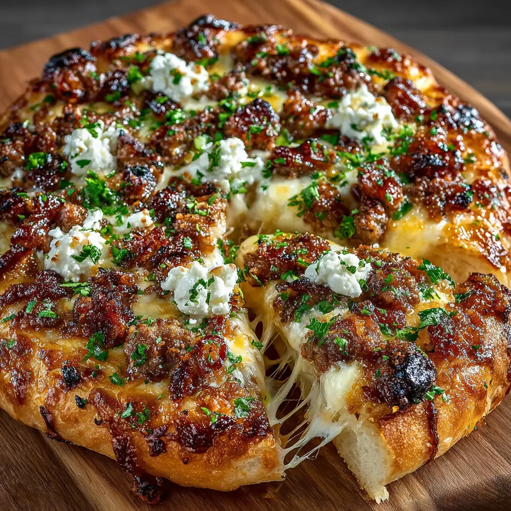A close-up shot of the Sausage Feta Honey Pizza, focusing on the melted mozzarella and creamy feta cheese mingling with the savory sausage.
