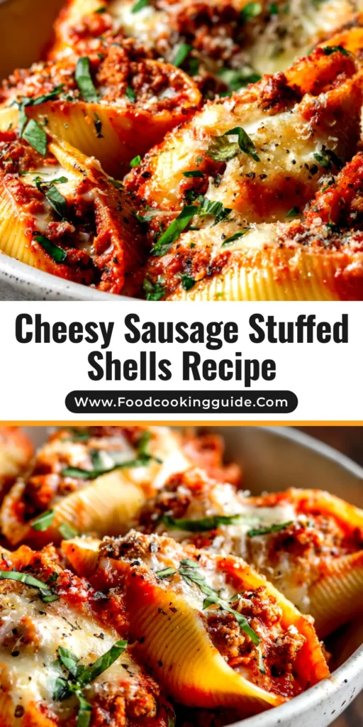 Sausage Stuffed Shells: The Ultimate Comfort Food Recipe 3 A close-up overhead shot of cheesy sausage stuffed shells baked in a cast-iron skillet, showcasing the melted mozzarella and rich tomato sauce.