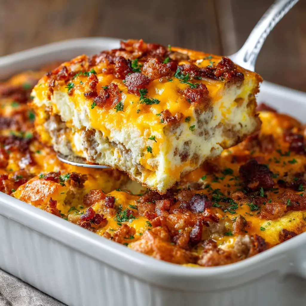 A close-up shot of the savory egg bake in a baking dish, showing the melted cheese and golden brown top of the breakfast casserole.