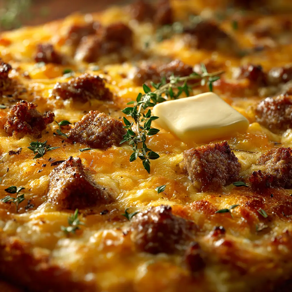 An extreme close-up of a golden brown savory sheet pan pancake, showing the delicious texture of the baked pancake with bits of cooked sausage and melted cheese.