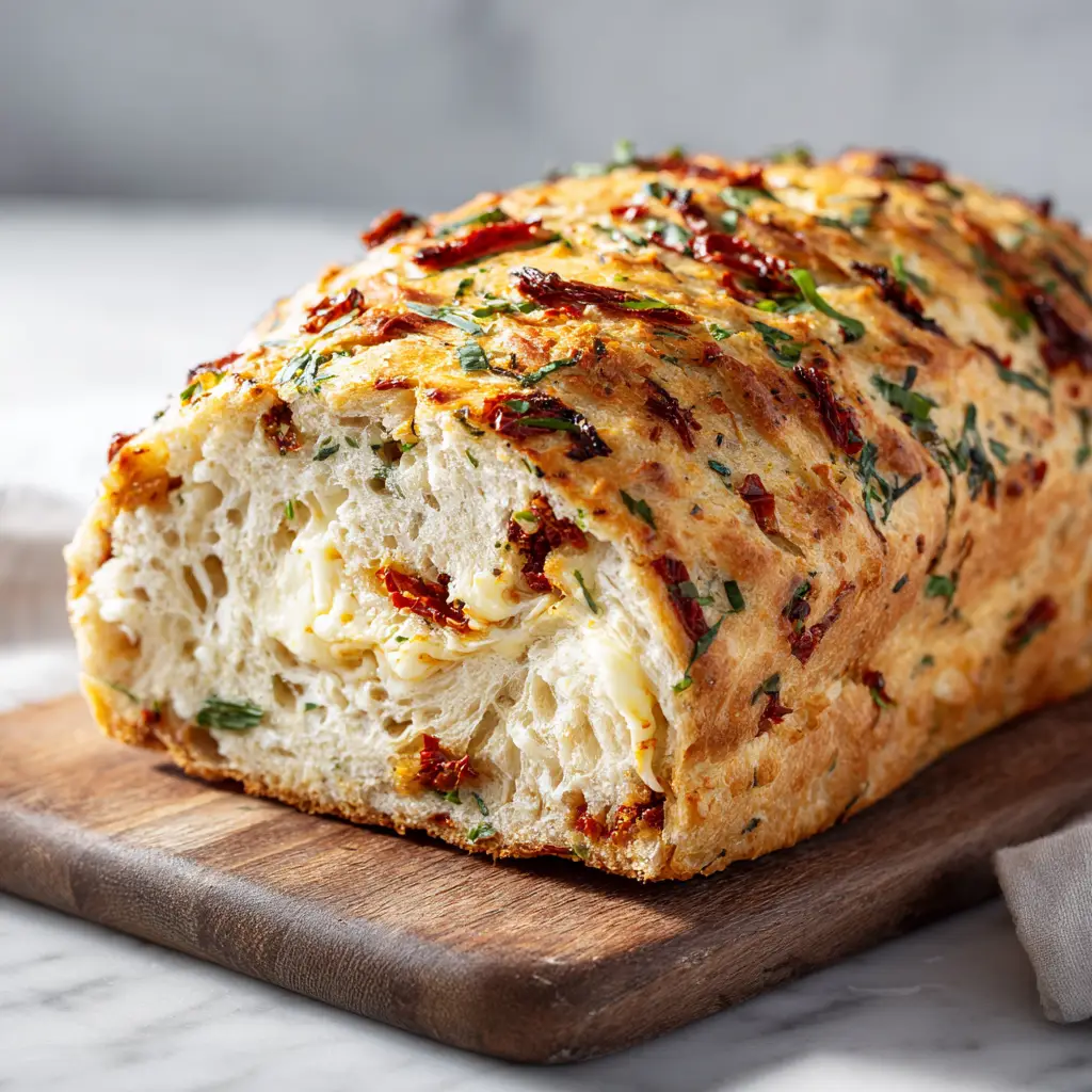 A freshly baked loaf of savory tomato basil bread, shown whole with a golden crust and hints of red tomato and green basil within.