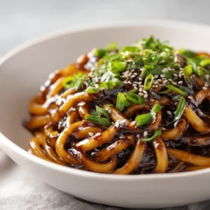A close-up shot of thick, chewy udon noodles being coated in a rich, savory tsuyu-style sauce in a ceramic bowl.
