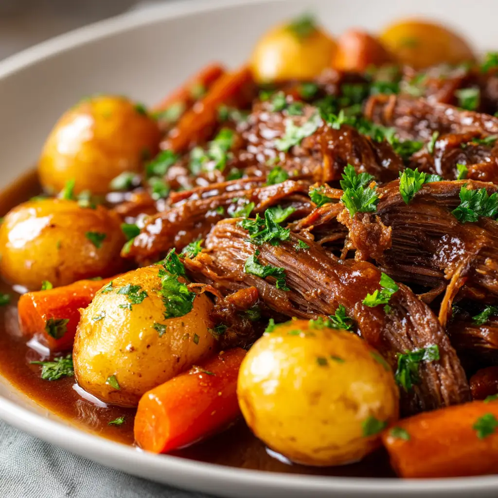 An extreme close-up shot of a perfectly seared beef chuck roast, showing the caramelized and crispy texture before it goes into the slow cooker. Searing is key for a flavorful pot roast.